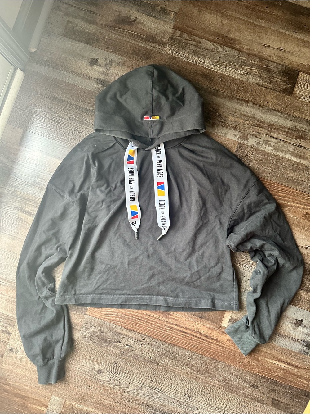 Pyer Moss x Reebok Olive Green Cropped Hoodie with Branded Drawstrings